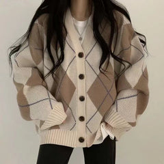 Argyle Print Oversized Preppy Cardigan