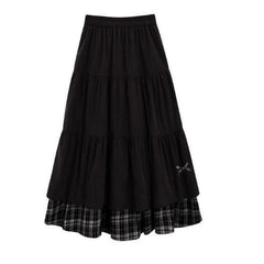 Woolen Corduroy Patchwork Plaid High-Waist A-Line Long Skirt Dress