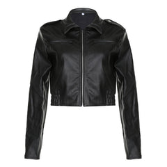 Zip Up Lapel Neck Leather Short Jacket - fairypeony