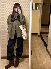 Retro Loose Stand Collar Jacket – 95% Cotton Work Jacket in Brown Green