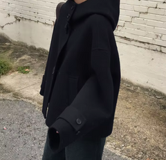 Korean-Style Hooded Woolen Jacket – Horn Button Loose Coat in Black