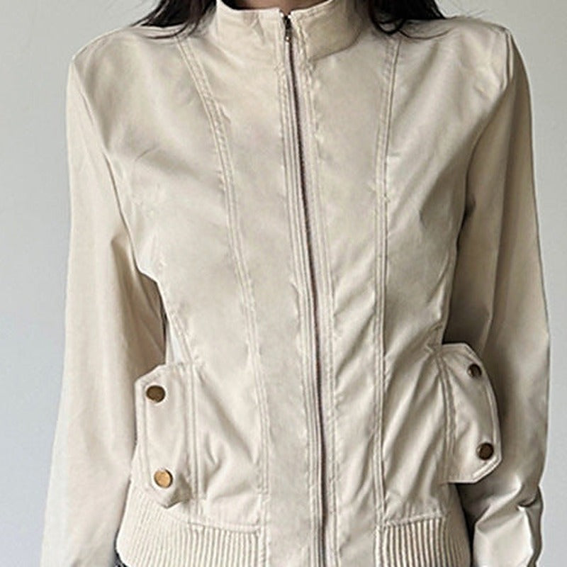 Lapel collar zip-up workwear jacket in cream white, front view
