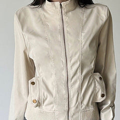 Lapel collar zip-up workwear jacket in cream white, front view