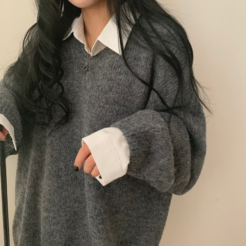 V-Neck Solid Color Pullover Sweater