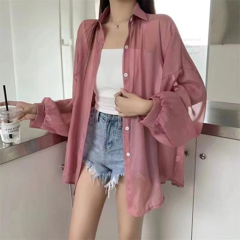 Solid Color Thin Oversized Long Sleeve Blouse - fairypeony
