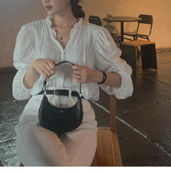 Button Front Pleated Long Sleeve Blouse