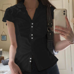 Solid Color Button Down Short Sleeve Blouse