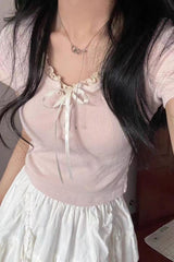 Coquette Tie Front Lace Trim Tee