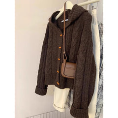 Horn Button Hooded Twist Knit Cardigan