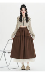 Stretch Waist Pleated Lace-Hem Midi A-Line Skirt – Sweet Autumn Wool-Feel Half Skirt