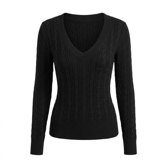 2000s Slim-Fit Cable Knit Sweater – Deep V-Neck Pullover in White Black Gray S–XL