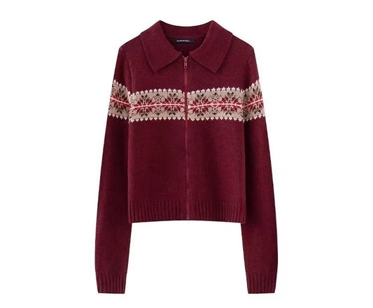 Vintage Polo Collar Zip Up Knit Cardigan