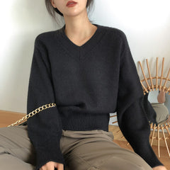 Vintage Solid Color V-Neck Sweater