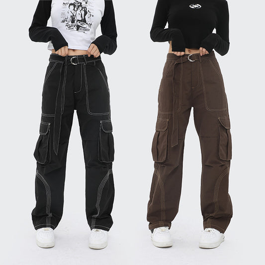 Contrast Stitch Baggy Cargo Pants - fairypeony