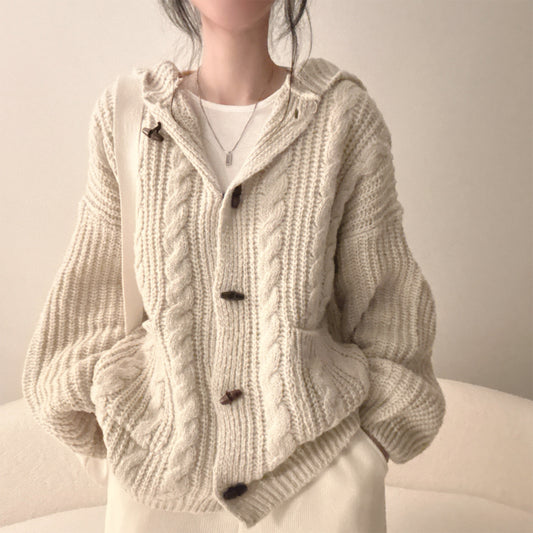 Over Fit Hooded Cable Knit Cardigan – Thick Chunky Button-Front Sweater Coat with Pockets in Cream & Gray (One Size)