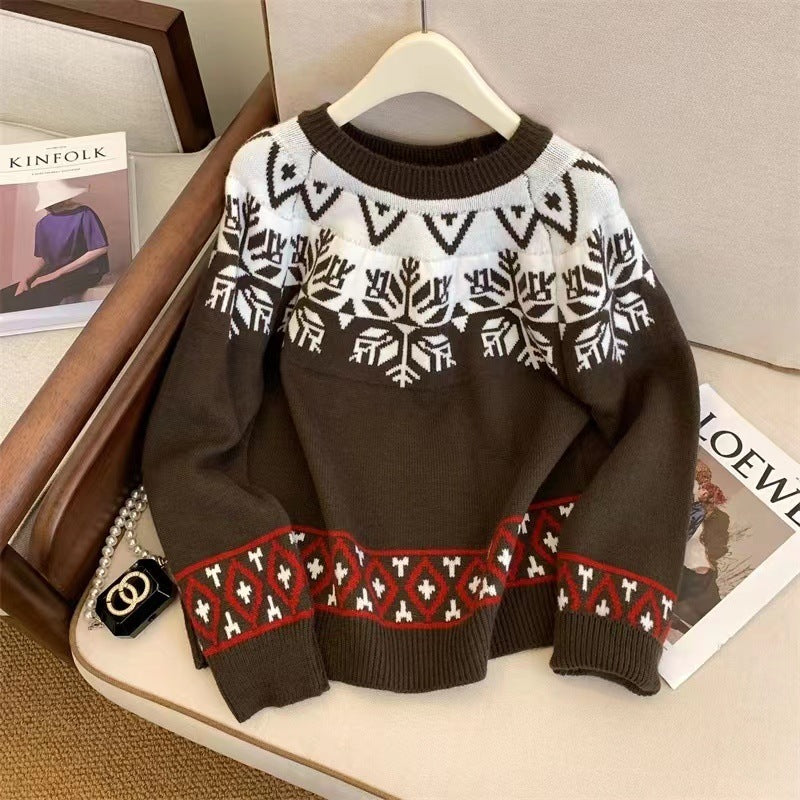 Round Neck Vintage Print Pullover Sweater