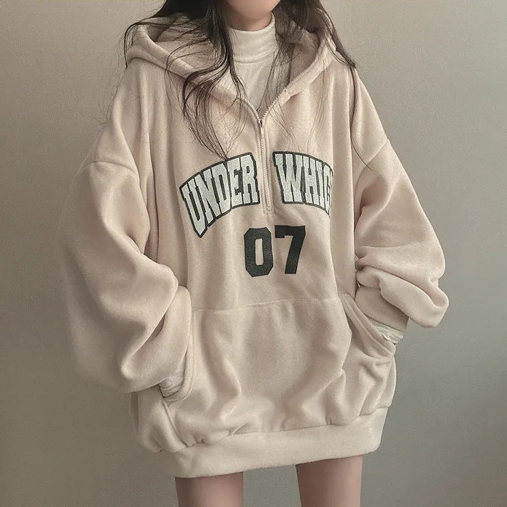Letter Print Half Zip Oversized Hoodie - fairypeony