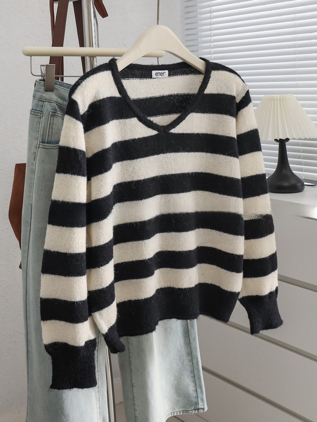 Korean version V-neck color-block striped loose knit sweater