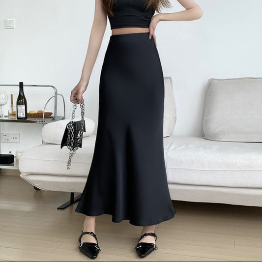 Solid Color Flared Satin Maxi Skirt
