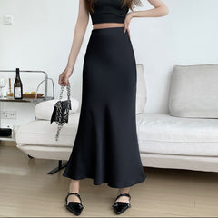 Solid Color Flared Satin Maxi Skirt