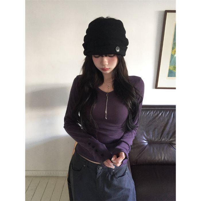 Womens V Neck Long Sleeve Slim Fit Top Button Detail Moddal Casual Blouse