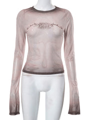 Vintage Print Mesh Long Sleeve Tee - fairypeony
