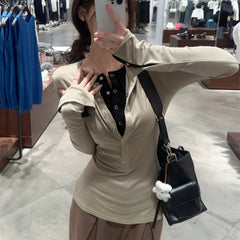 Solid Color Fake Two Pieces Long Sleeve Tee