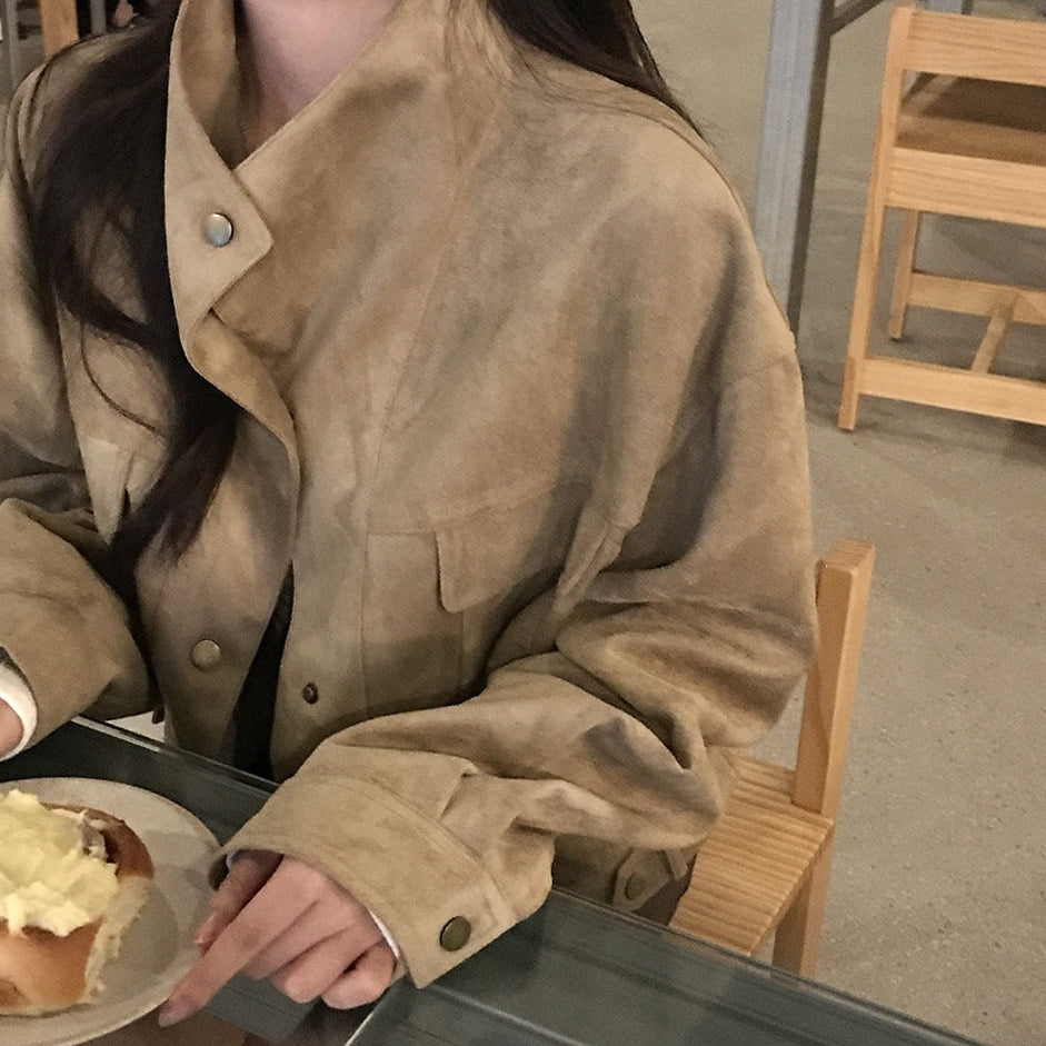 Stand collar loose suede-touch short jacket in khaki, front view