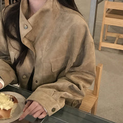 Stand collar loose suede-touch short jacket in khaki, front view