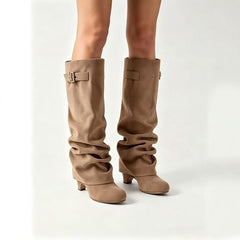 Retro Pleated Suede High-Top Riding Boots – Plush Lined Chunky Heel Ankle Boots