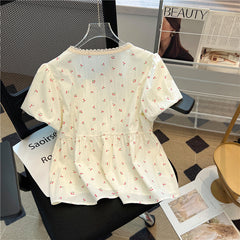 V-Neck Puff Sleeve Lace Trim Blouse