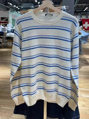 Solid Color Striped Crew Neck Sweater