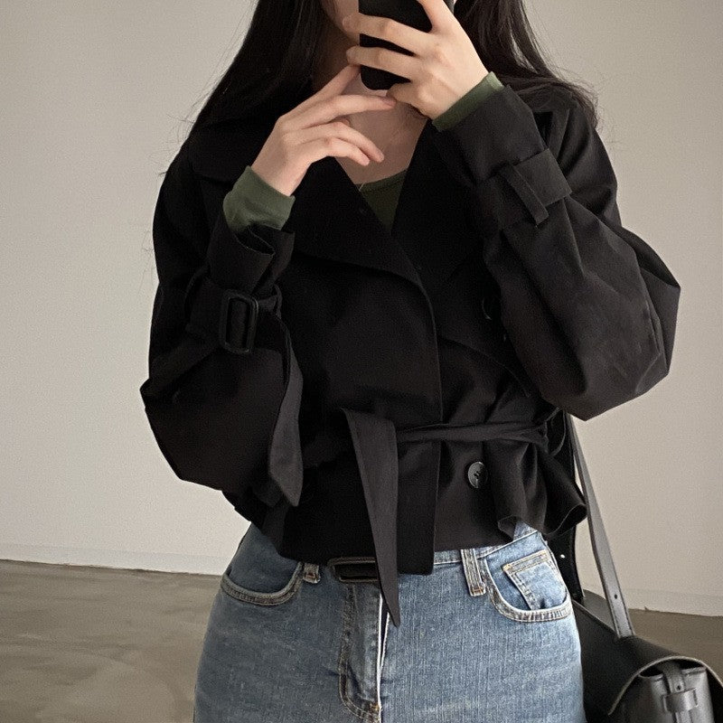 Solid Color Suit Collar Double Breasted Trench Jacket