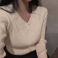 Solid Color V-Neck Knitted Slim Tee