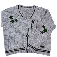 Oversize Star Embroidered Cable Knit Cardigan - fairypeony