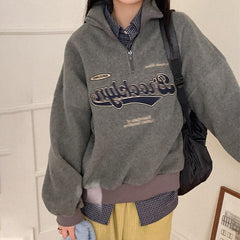 Half-Zip Fleece Sweatshirt Lapel Collar Loose Fit Long Sleeve Top