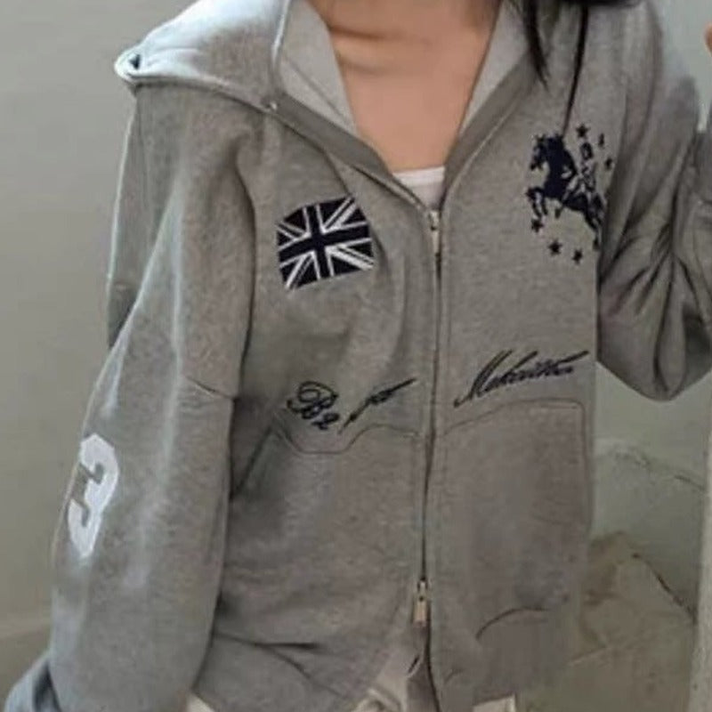 Embroidered oversized zip-up hoodie with horse print in gray, front view