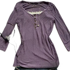 2000s Lace Panel Knit Top – Square Neck Button Detail in 4 Colours S–L