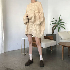 Solid Cable Knit Pullover Sweater - fairypeony