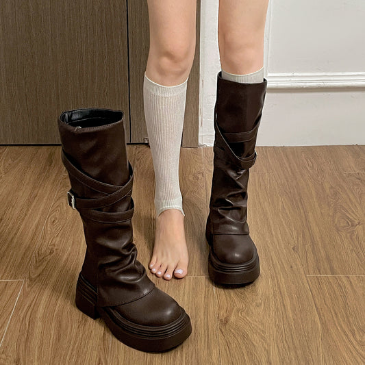 Vintage Chunky Heel Belted High Boots