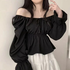Solid Color Elastic Square Collar Puff Sleeve Blouse