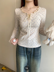 Ruffled Lace Trim Front Tie Long Sleeve Tee