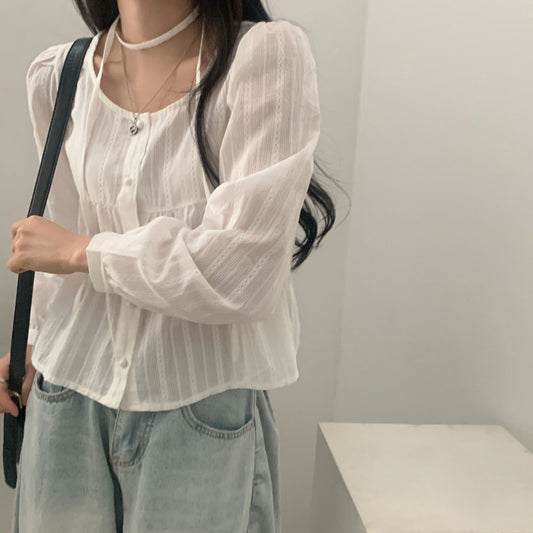 Aesthetic Ribbon Solid Color Striped Blouse
