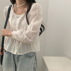 Aesthetic Ribbon Solid Color Striped Blouse