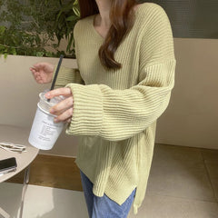 V-Neck Solid Color Loose Sweater
