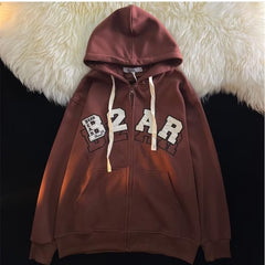 Letter Embroidery Zip Up Oversized Hoodie - fairypeony