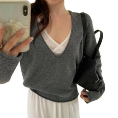 Women V-Neck Long Sleeve Solid Casual Knit Sweater