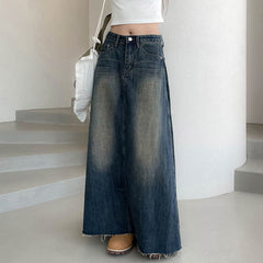 Washed Vintage Long Denim Skirt