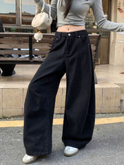 Black Wide-Leg Jeans High Waist Banana Curved Cut Loose Denim Trousers