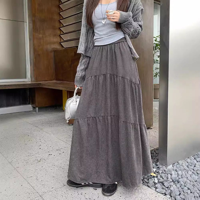 Pleated Stitching Elastic Waist Loose All-match Large Swing A- Line Dress